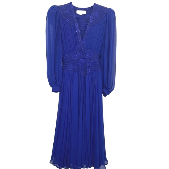 WAYNE CLARK Vtg 80s Royal Blue Chiffon Draped Dress Size 6 - Picture 1 of 11